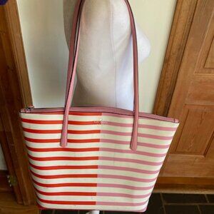 KATE SPADE New York Zina Red Pink White Stripe Large Coated Canvas Tote …
